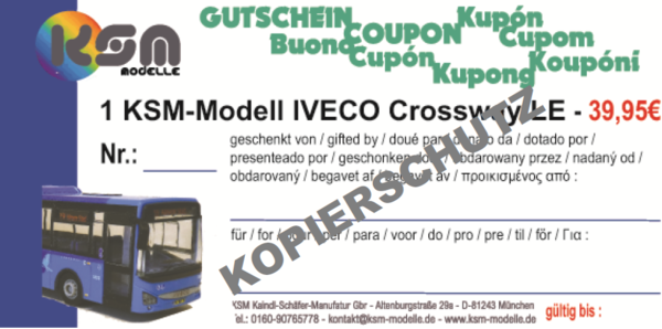Geschenkgutschein / Gift card / Carte cadeau IVECO Crossway LE Modellbus